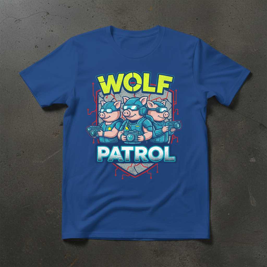 Wolf Patrol Graphic T-Shirt, Funny Three Little Pigs Parody Tee Novelty Merch