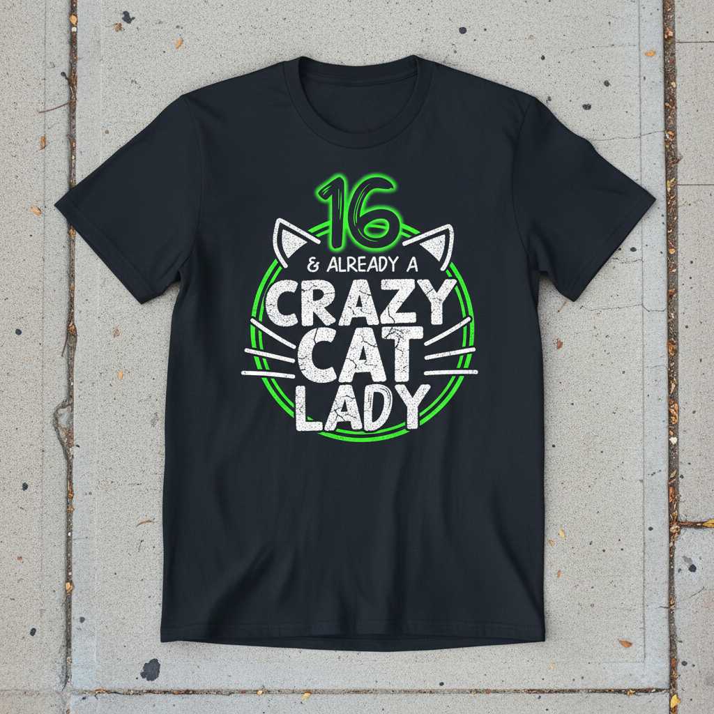 16 & Already A Crazy Cat Lady Distressed T-Shirt, Funny Birthday Tee Idea