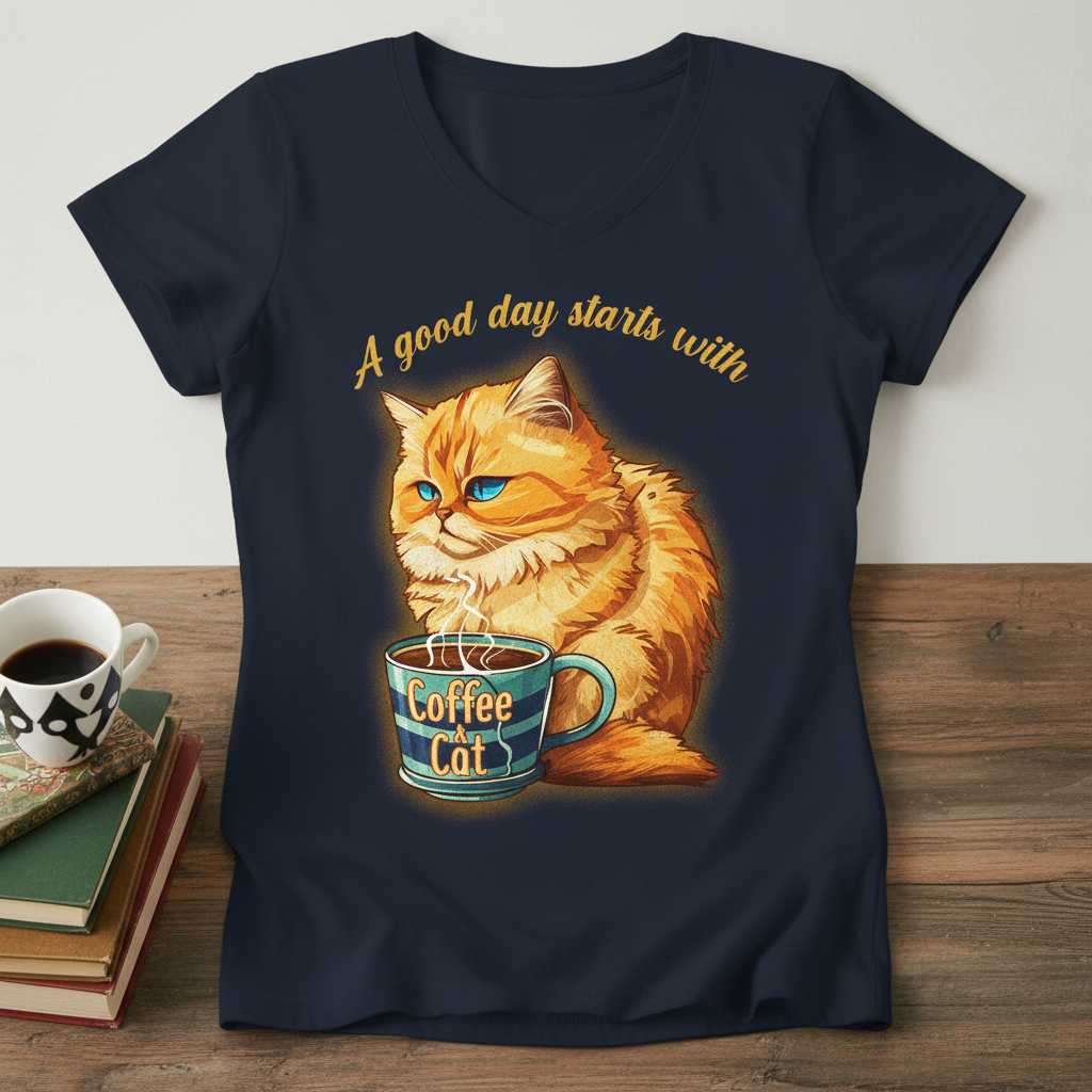 A Good Day Starts With Coffee And Cat T-Shirt, Cute Long Hair Cat Tee Idea