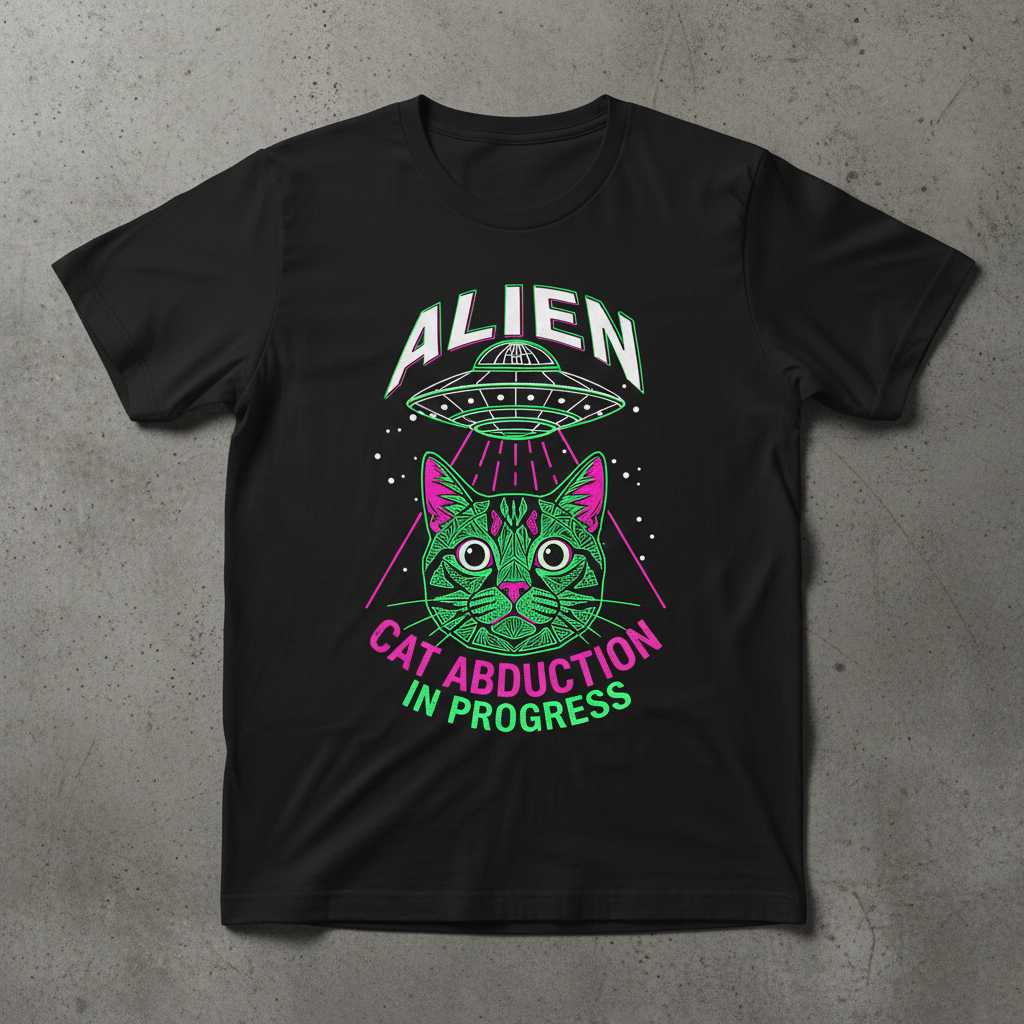 Alien Cat Abduction In Progress Retro T-Shirt, Funny Graphic UFO Tee Gear