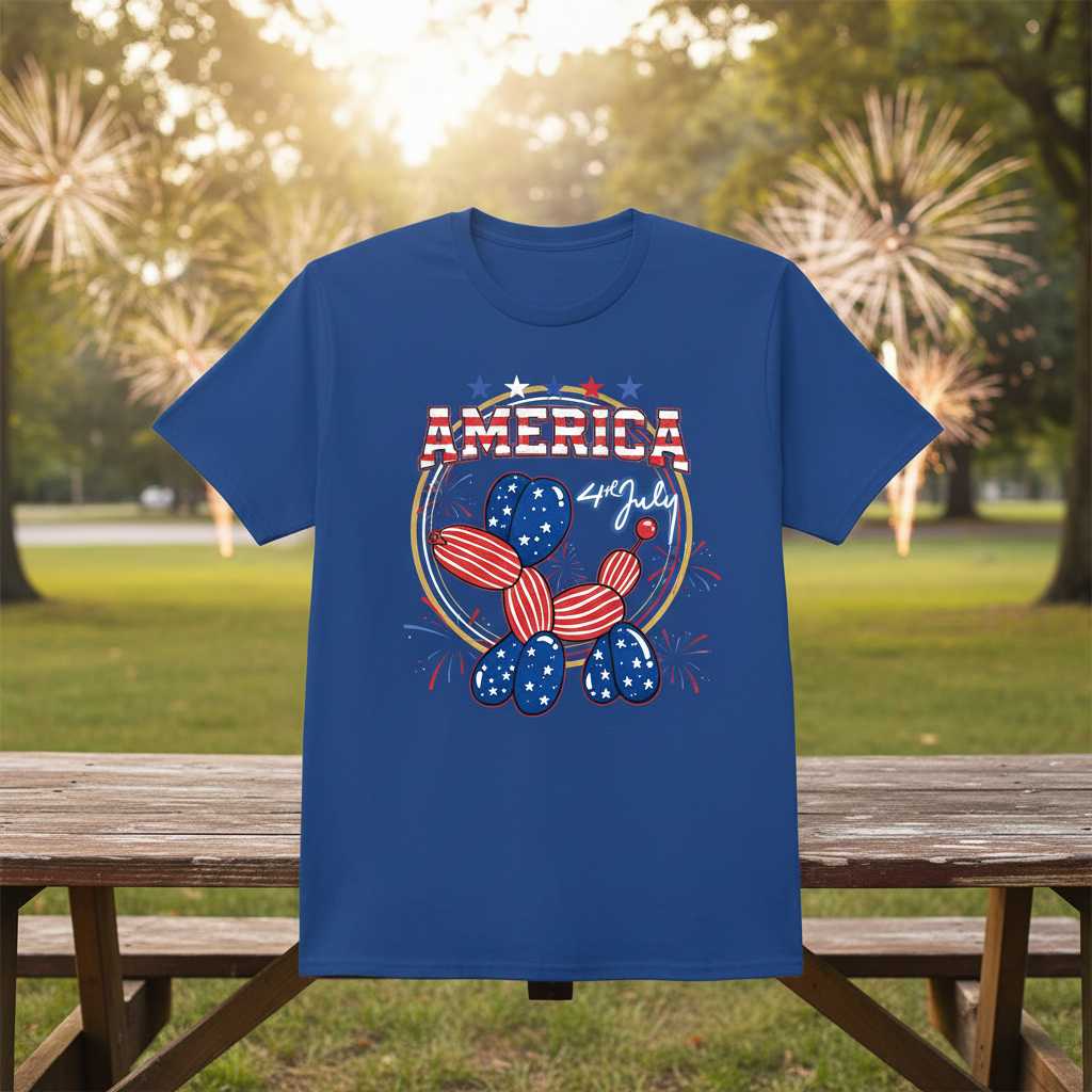 America 4th July Patriotic Balloon Dog T-Shirt, Cute Independence Day Tee Outfit