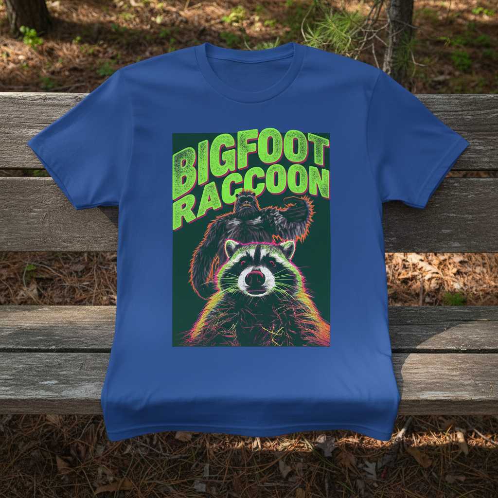 Bigfoot Raccoon Graphic T-Shirt, Funny Sasquatch Selfie Novelty Tee Merch