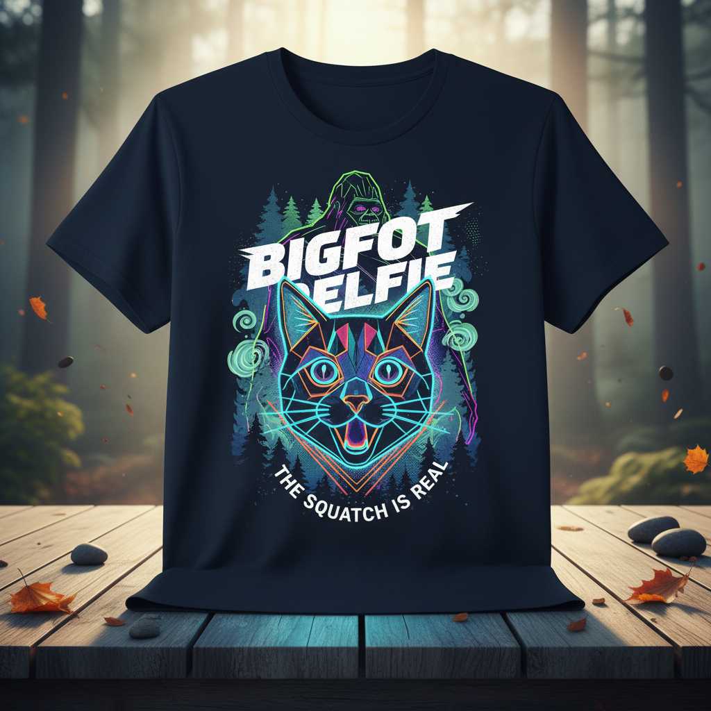 Bigfoot Selfie The Squatch Is Real Graphic T-Shirt, Funny Cat Novelty Tee Idea