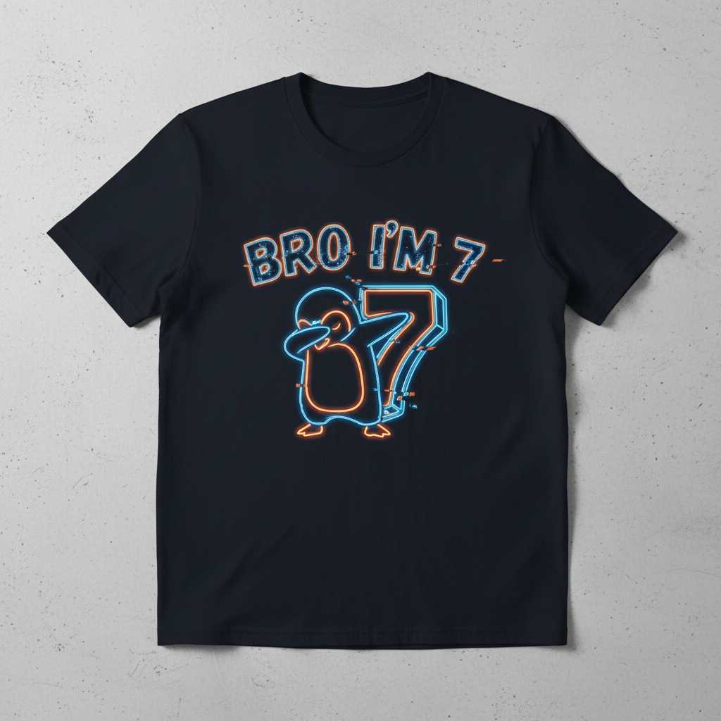 Bro Im 7 Dabbing Penguin Retro Neon T-Shirt, Funny 7th Birthday Tee Idea