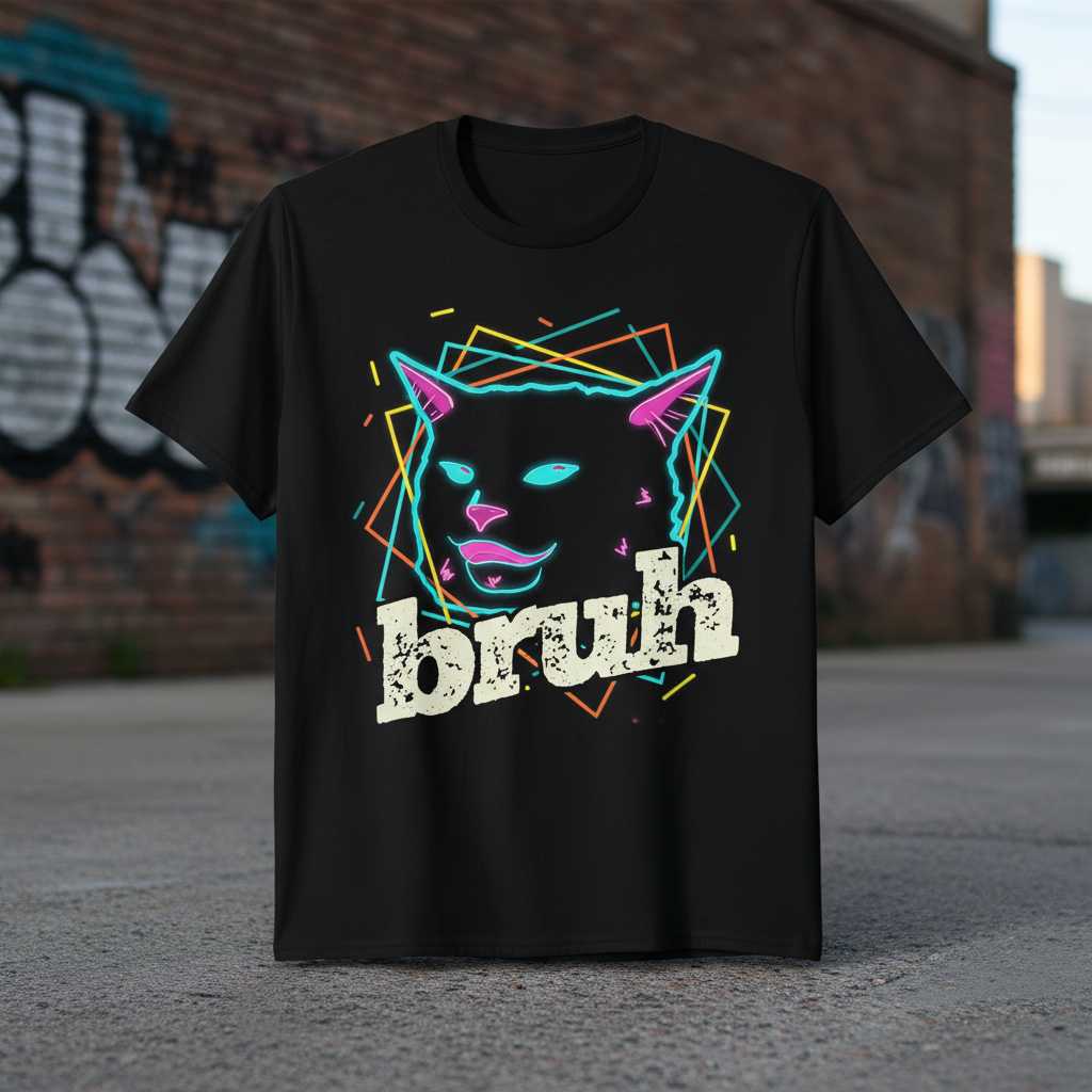 Bruh Retro Distressed Cat T-Shirt, Funny 90s Graphic Novelty Tee Gear