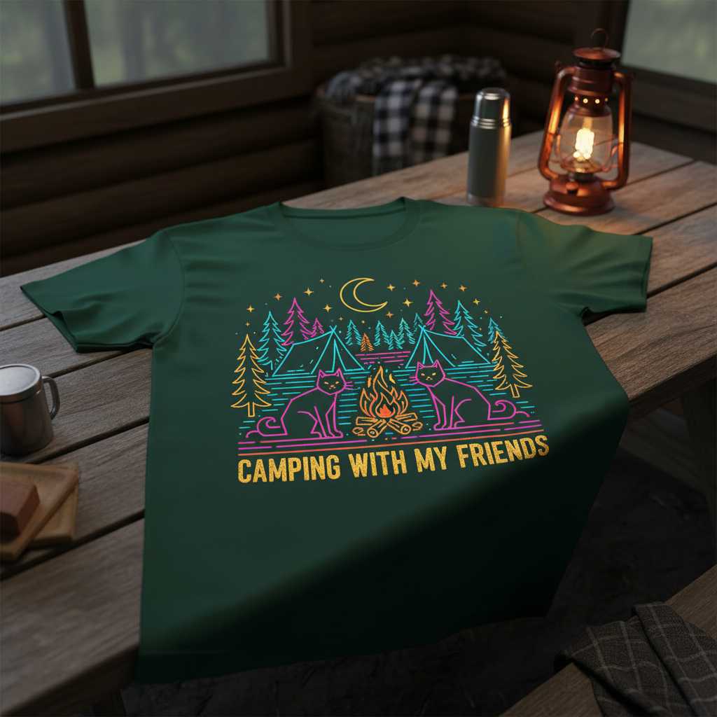 Camping With My Friends Retro T-Shirt, Funny Graphic Cat Lover Tee Outfit