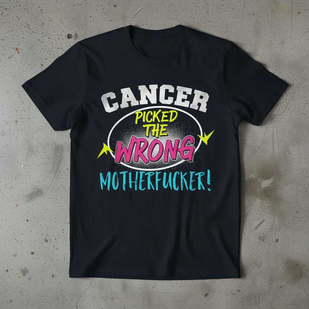 Cancer Picked The Wrong Motherfucker! Retro Distressed T-Shirt Graphic Novelty Tee