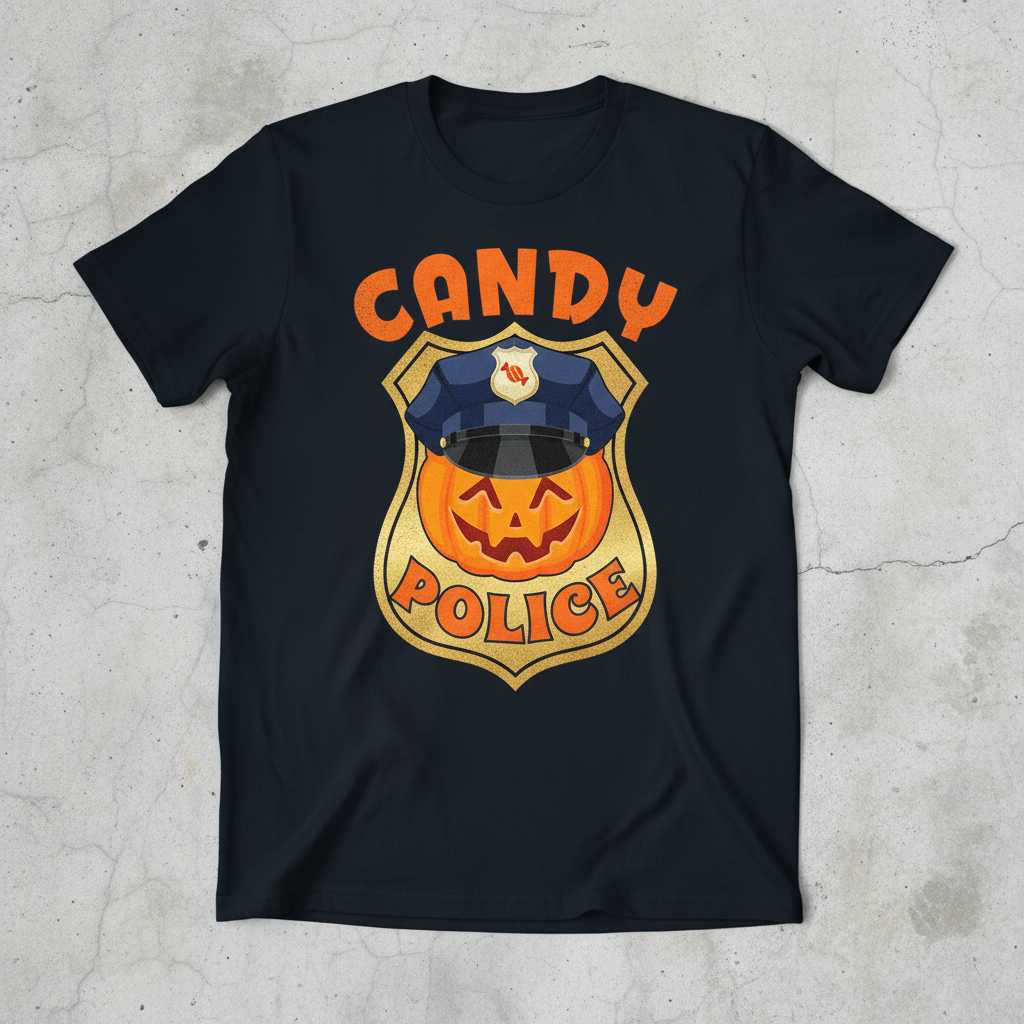 Candy Police Halloween Costume Graphic T-Shirt, Funny Pumpkin Novelty Tee Idea
