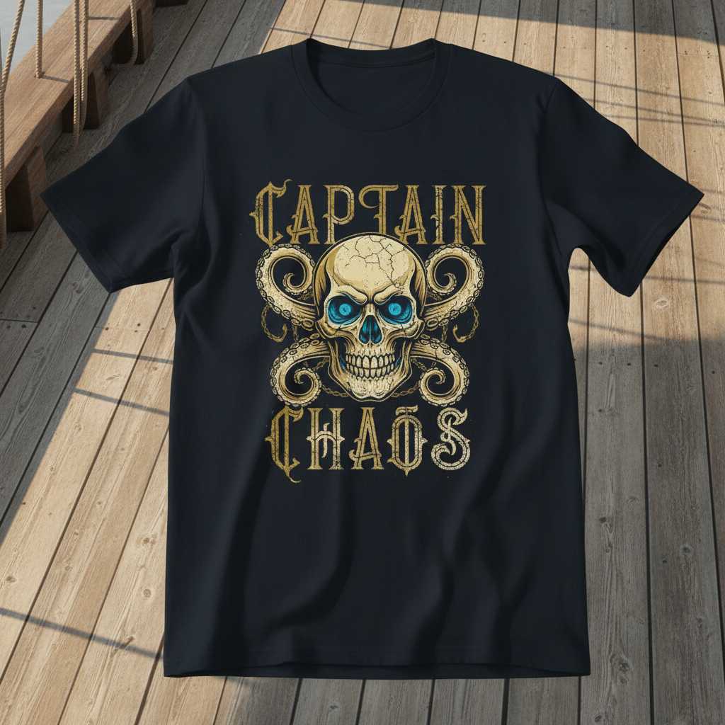 Captain Chaos Vintage Pirate Skull T-Shirt, Distressed Graphic Tee Present Idea