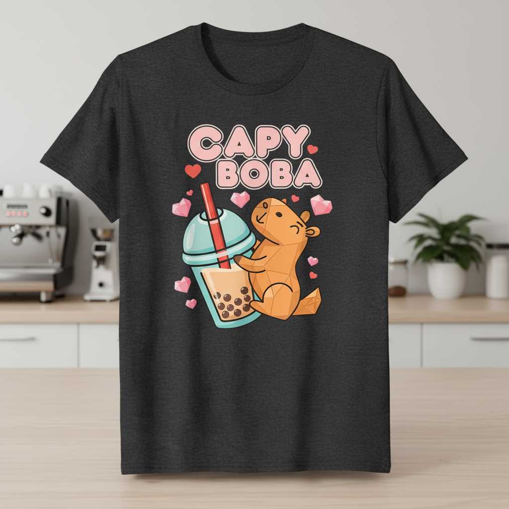 Capy Boba T-Shirt, Cute Capybara Bubble Tea Graphic Tee Novelty Souvenir