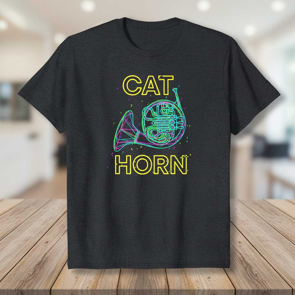 Cat Horn French Horn Neon Graphic T-Shirt, Funny Musician Tee Gear Idea