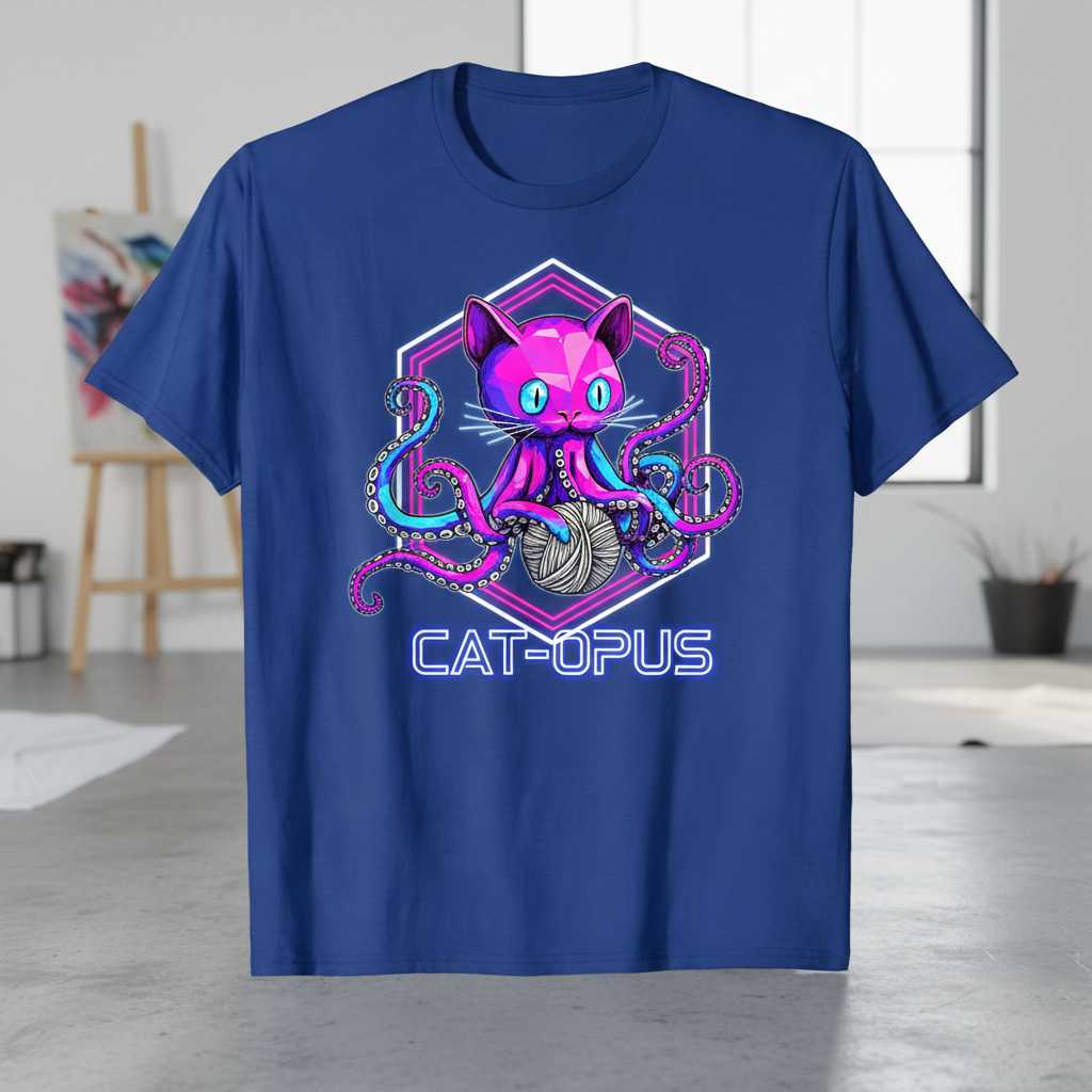 Cat-Opus Retro Graphic T-Shirt, Funny Octopus Cat Knitting Tee Gift Idea