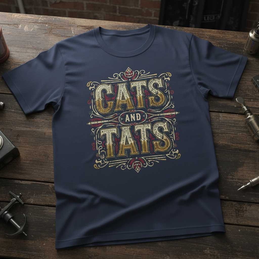 Cats And Tats Vintage Distressed T-Shirt, Novelty Graphic Tee Present Idea