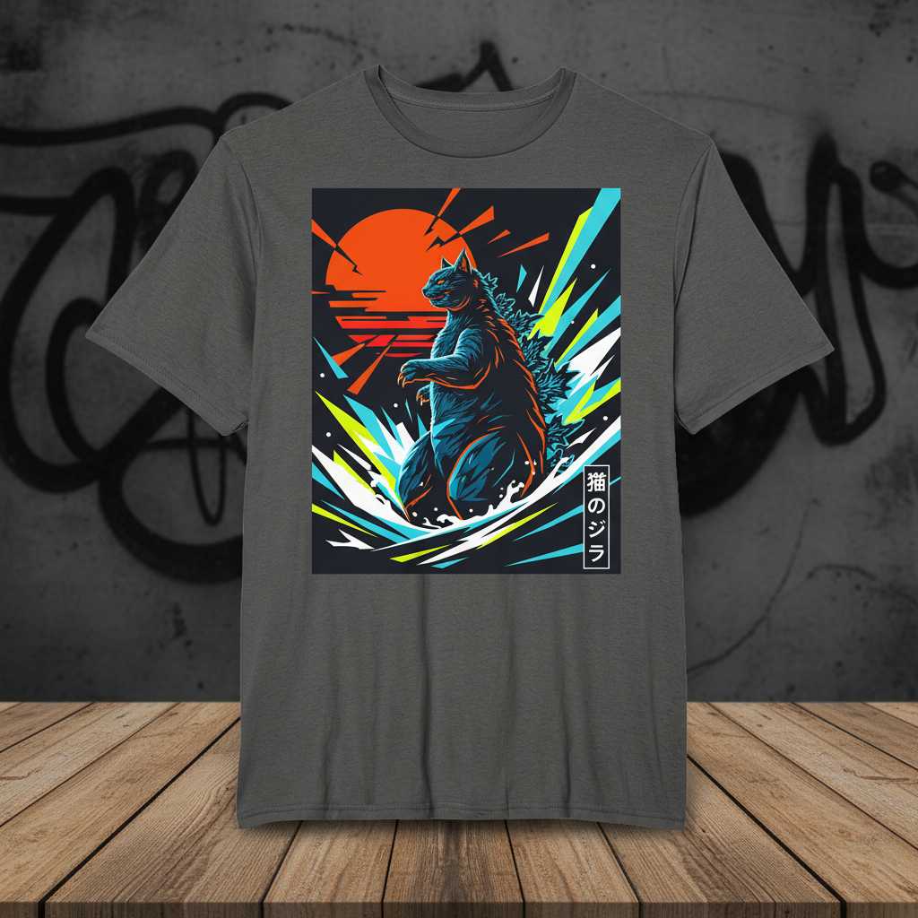Catzilla Japanese Art T-Shirt, Funny Kaiju Cat Tee Graphic Novelty Wear