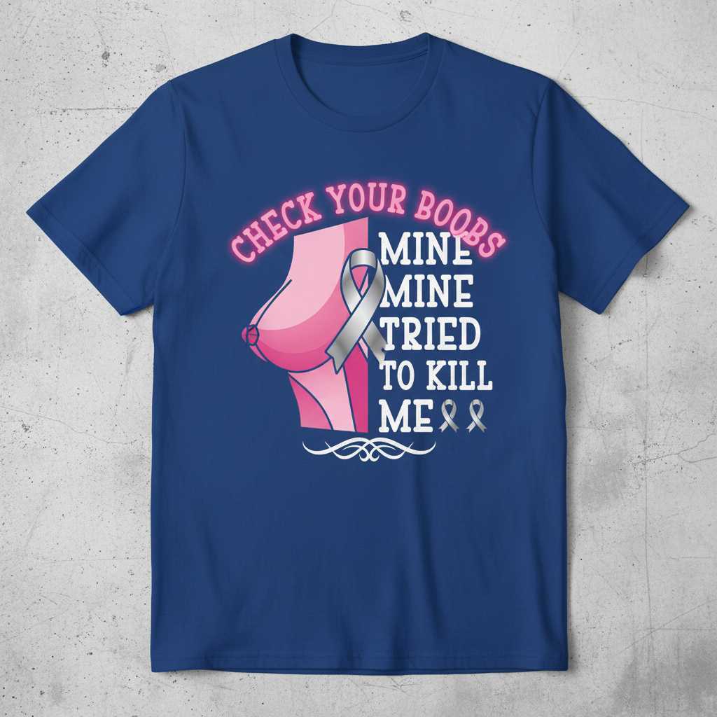 Check Your Boobs Mine Tried To Kill Me Breast Cancer Awareness T-Shirt Funny Tee