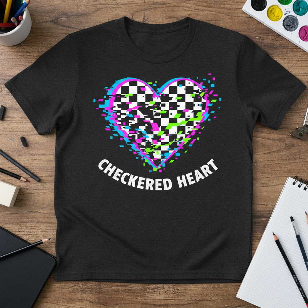 Checkered Heart Glitch Graphic T-Shirt, Racing Love Unisex Novelty Tee Idea