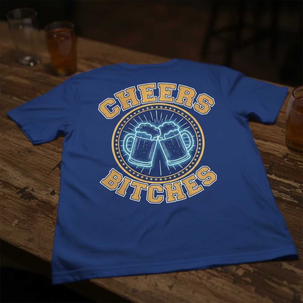 Cheers Bitches Retro Graphic T-Shirt, Funny Beer Drinking Tee Novelty Gear
