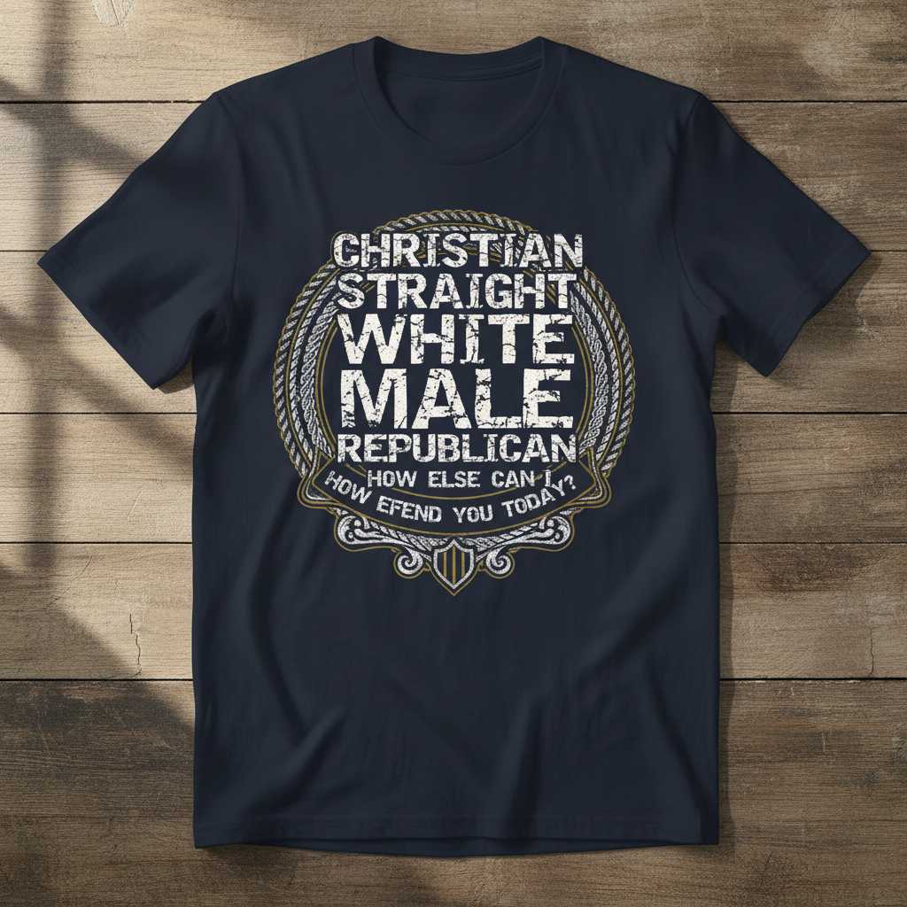 Christian Straight White Male Republican How Else Can I Offend You Today- Distressed T-Shirt Graphic Tee