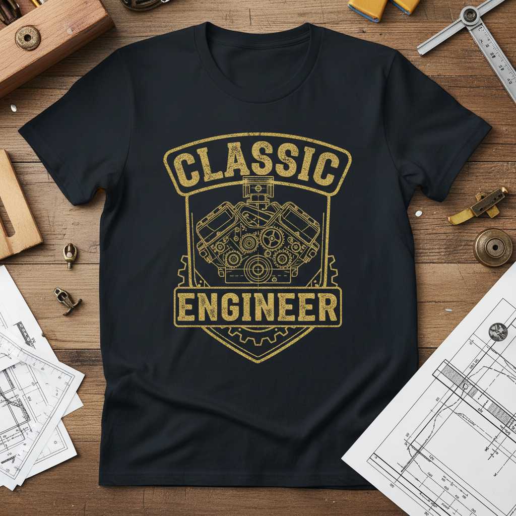 Classic Engineer Vintage Distressed T-Shirt, V8 Engine Mechanic Tee Gear