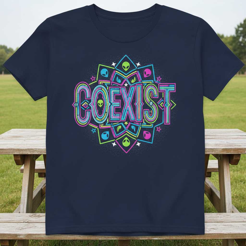 Coexist Alien Graphic T-Shirt, Funny Retro Novelty Tee Birthday Gift Idea