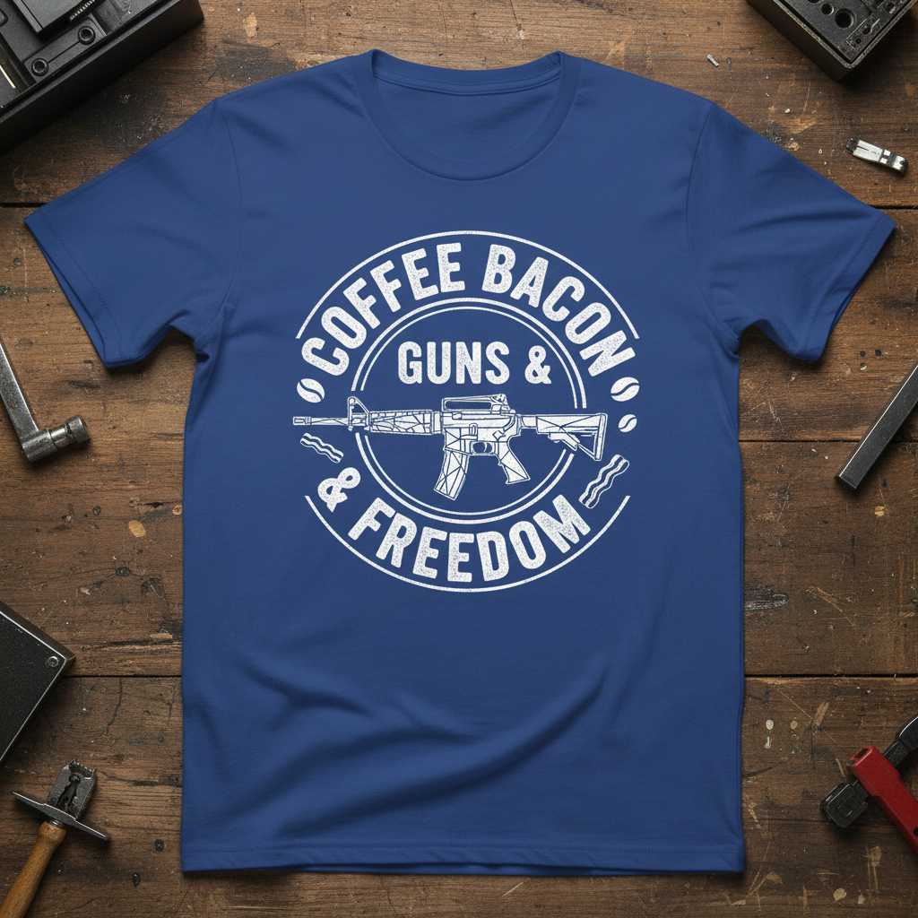 Coffee Bacon Guns & Freedom Distressed T-Shirt, Novelty Graphic Tee Gear