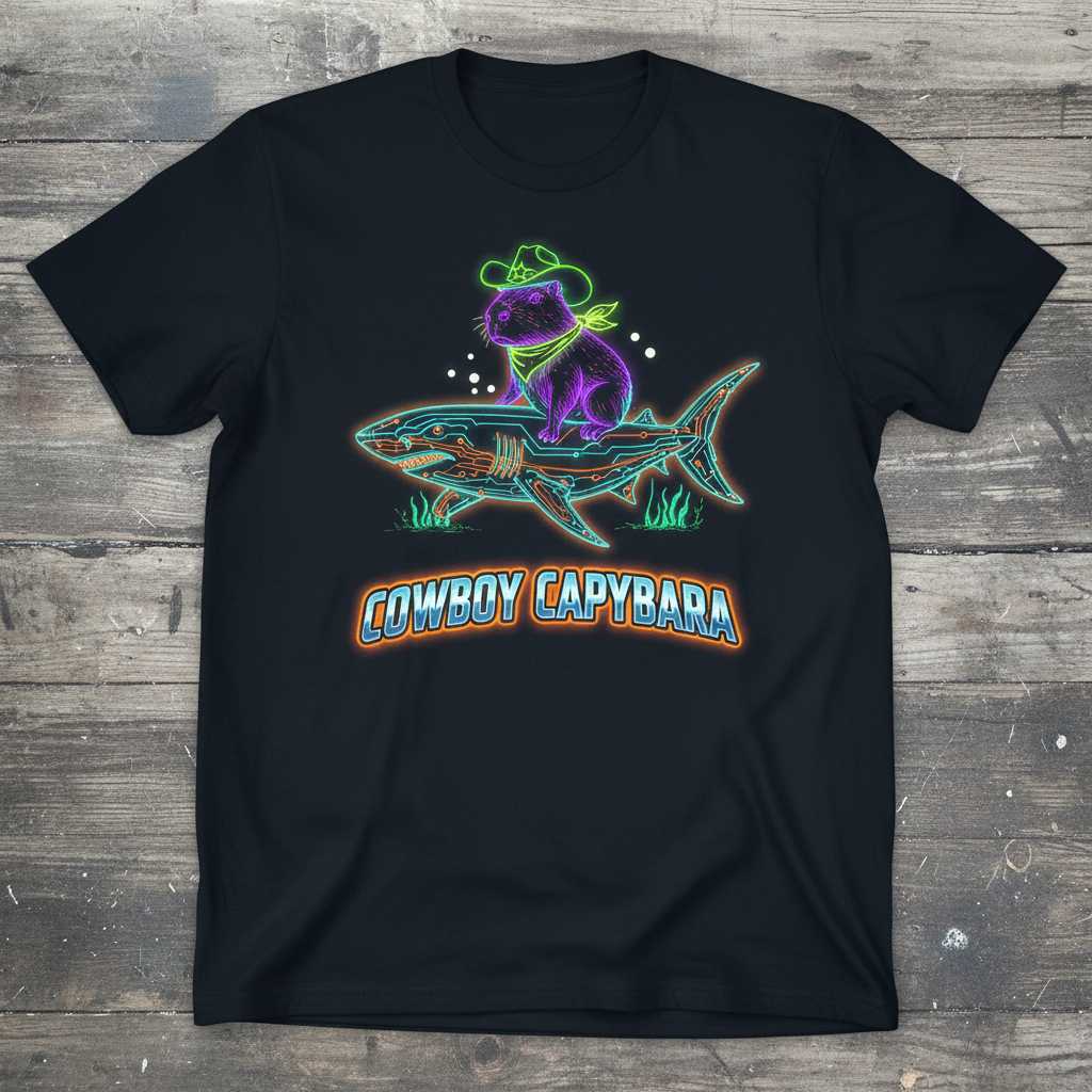 Cowboy Capybara Riding Shark Retro Graphic T-Shirt, Novelty Western Tee Gear