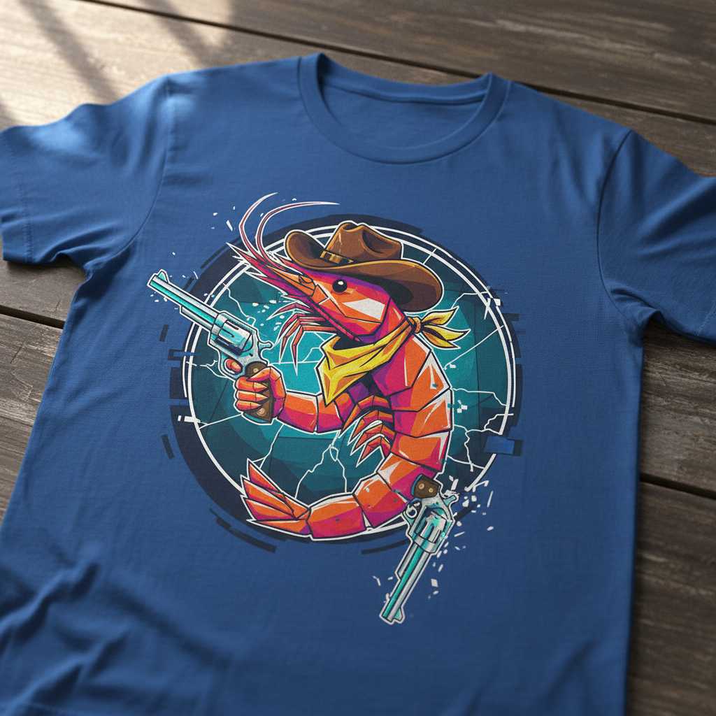 Cowboy Shrimp Gunslinger Graphic T-Shirt, Funny Western Novelty Tee Gear