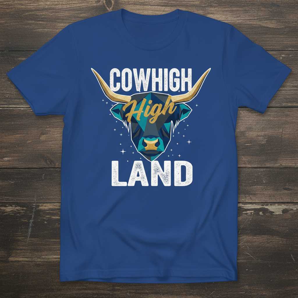 Cowhigh High Land Distressed T-Shirt, Graphic Geometric Highland Cow Tee