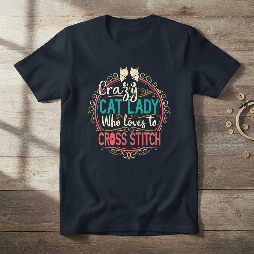 Crazy Cat Lady Who Loves To Cross Stitch Vintage T-Shirt, Funny Tee Top