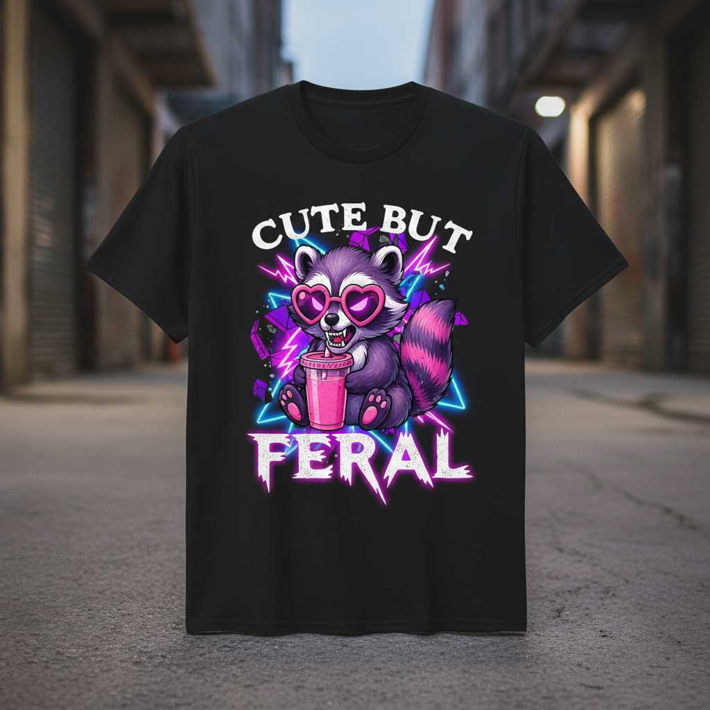 Cute But Feral Raccoon Lover Retro 90s T-Shirt Funny Tee Top Gift Idea