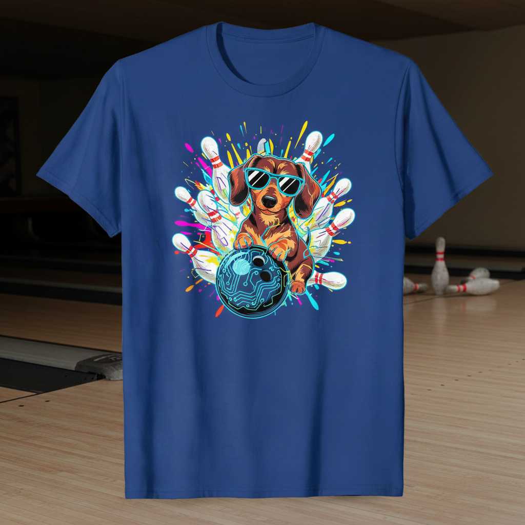 Dachshund Bowling Graphic T-Shirt, Funny Wiener Dog Tee Novelty Gift Idea