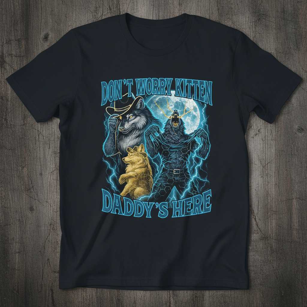 Dont Worry Kitten Daddys Here Retro Alpha Wolf T-Shirt, Funny Graphic Tee Merch