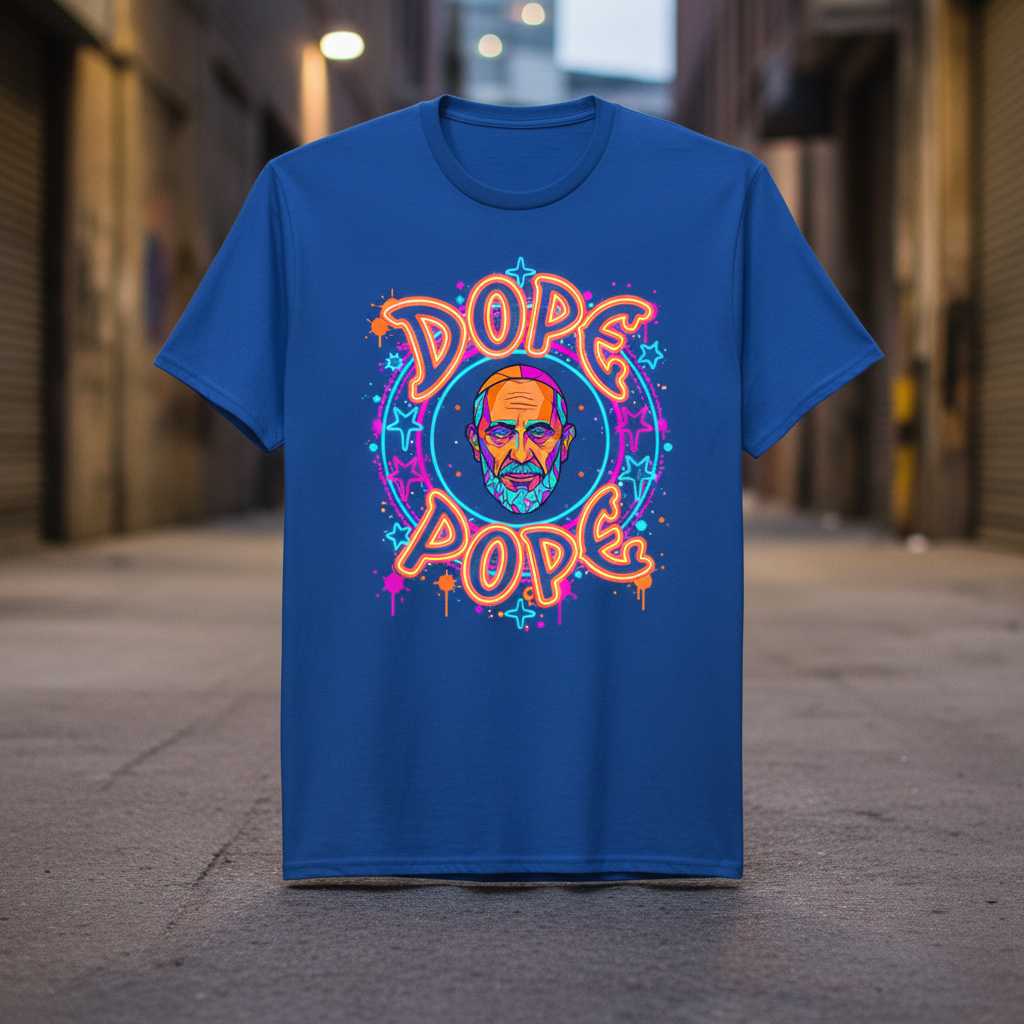 Dope Pope Retro Neon Graphic T-Shirt, Funny Novelty Tee Catholic Merch Idea