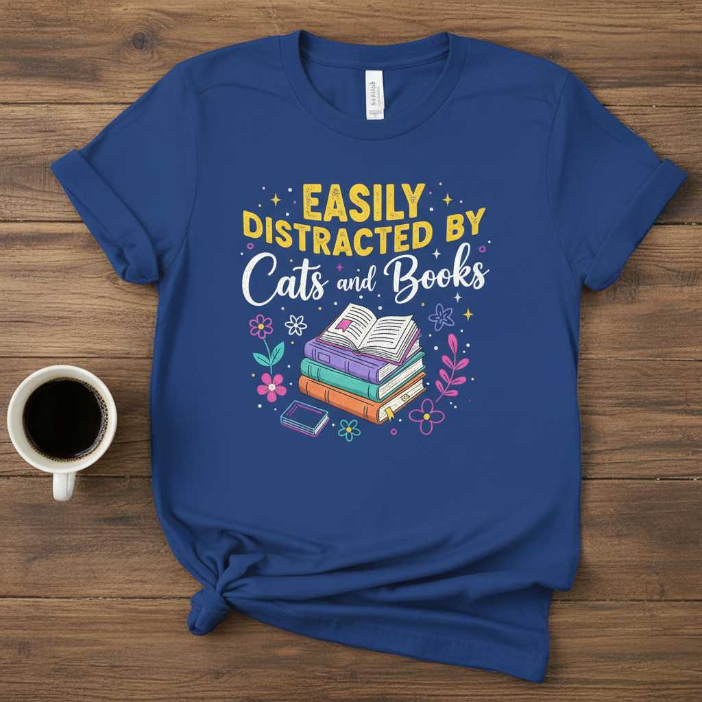 Easily Distracted By Cats And Books T-Shirt, Cute Graphic Tee Present Idea