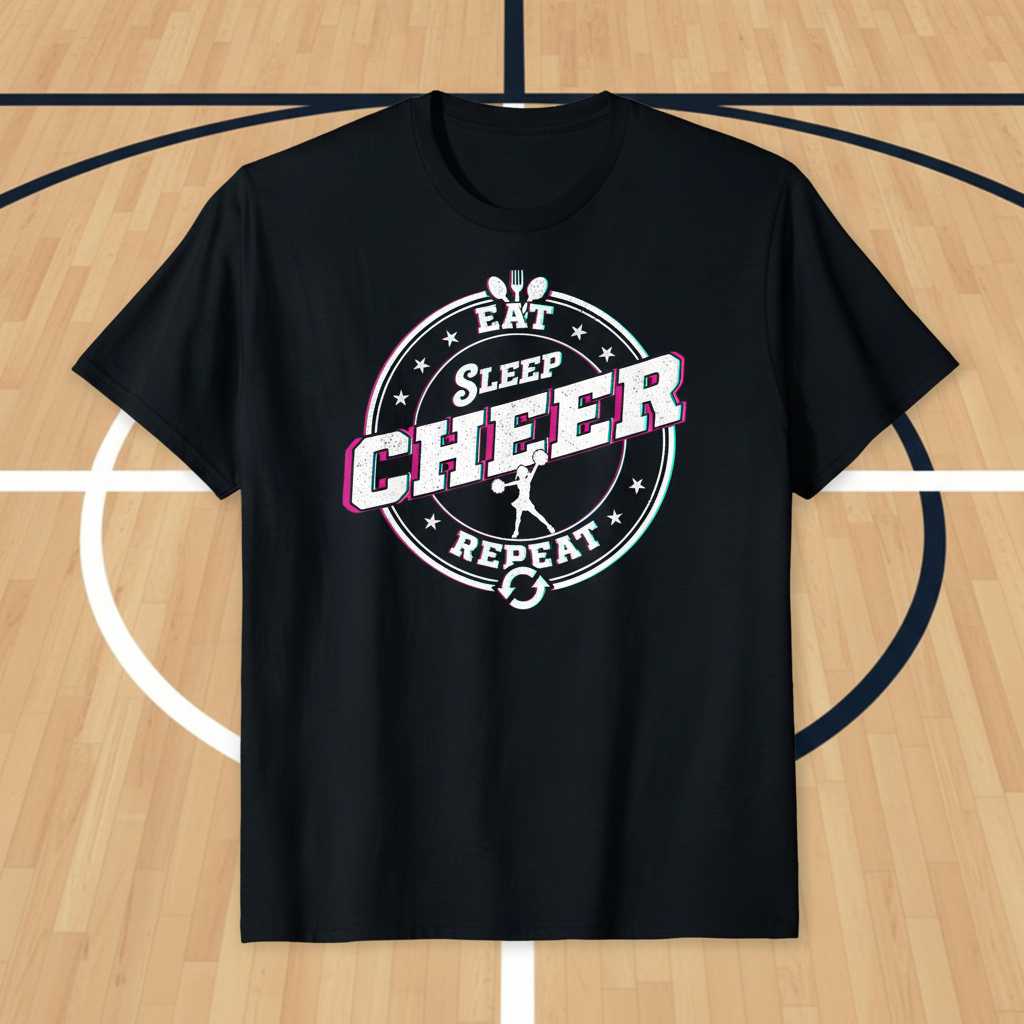 Eat Sleep Cheer Repeat Distressed T-Shirt, Graphic Cheerleader Tee Present