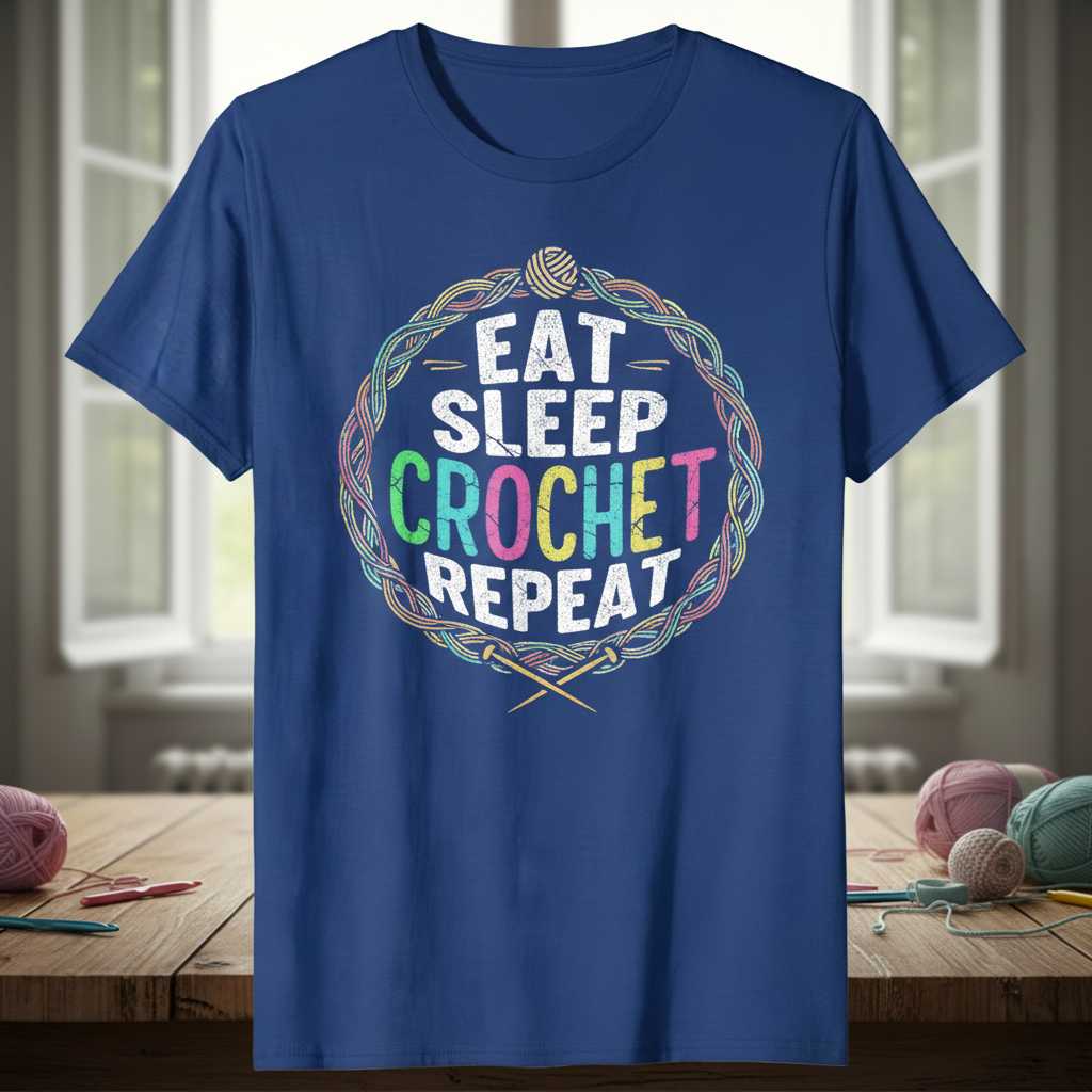 Eat Sleep Crochet Repeat Distressed T-Shirt, Funny Novelty Crafter Tee Top