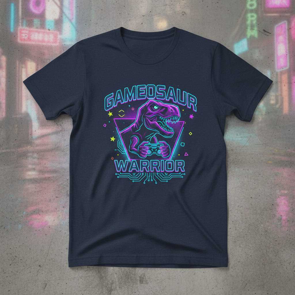 Gameosaur Warrior Retro T-Shirt, Funny Dinosaur Gamer Graphic Tee Idea