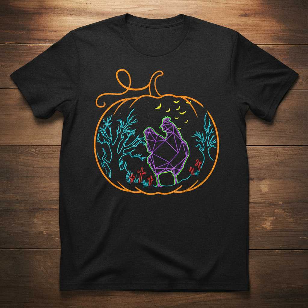 Geometric Chicken Halloween Pumpkin Graphic T-Shirt, Spooky Novelty Tee Idea