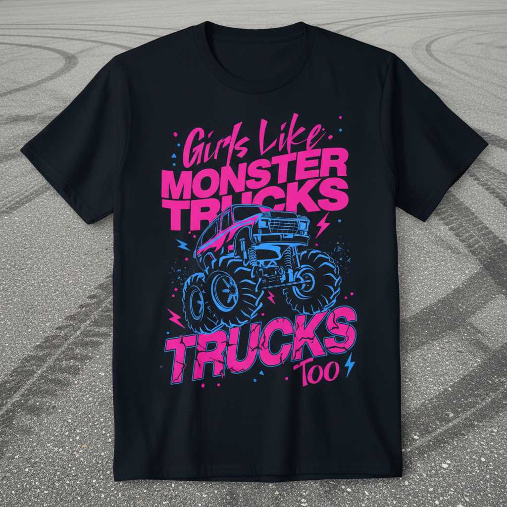 Girls Like Monster Trucks Too Retro T-Shirt, Funny Graphic Novelty Tee Idea