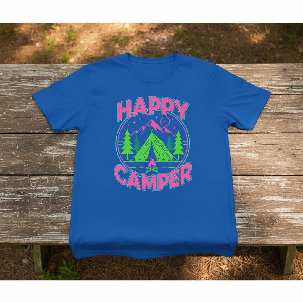 Happy Camper Retro Mountain T-Shirt, Outdoor Wilderness Adventure Tee Souvenir