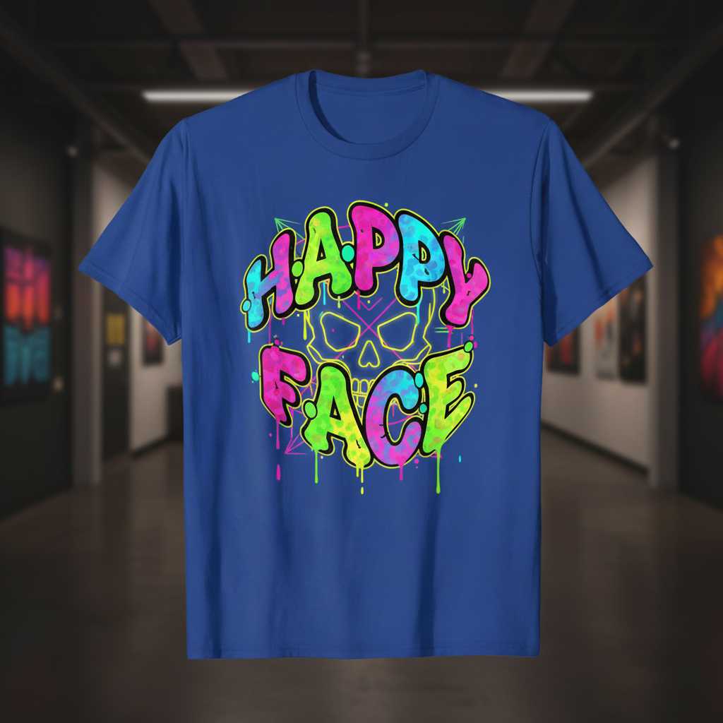 Happy Face Skull 80s Retro Graffiti T-Shirt, Funny Graphic Novelty Tee Idea