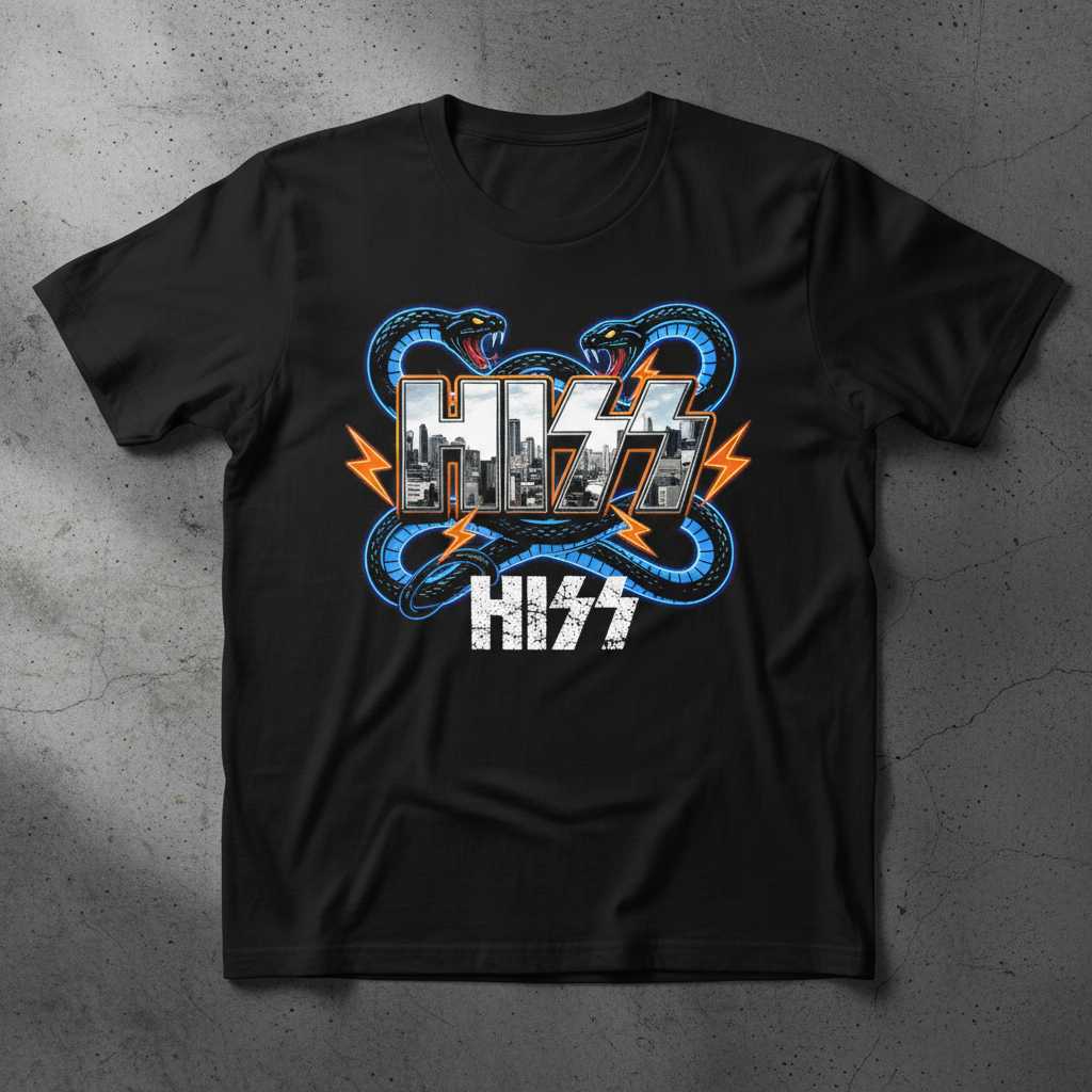 Hiss Retro 90s Graphic T-Shirt, Distressed Snake Rock Parody Unisex Tee Merch