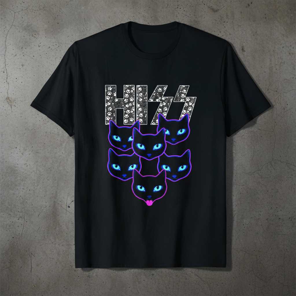 Hiss Rock N Roll Cats Graphic T-Shirt, Retro Heavy Metal Parody Funny Tee Gear