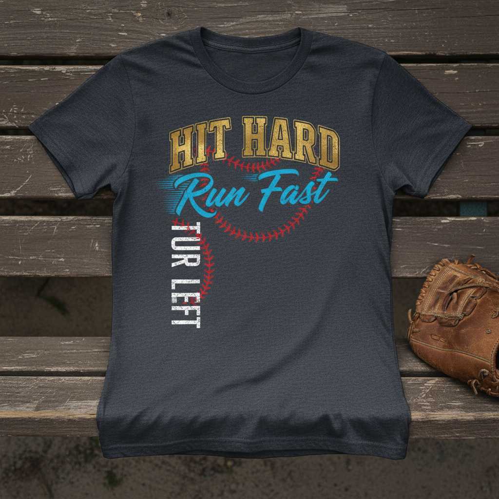Hit Hard Run Fast Turn Left Vintage T-Shirt, Graphic Baseball Tee Gift Idea