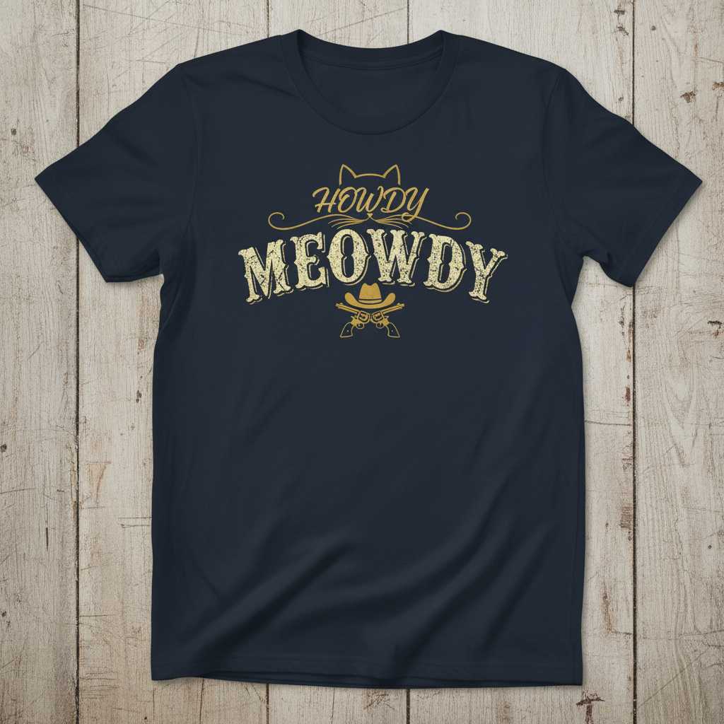 Howdy Meowdy Vintage Distressed T-Shirt, Funny Cowboy Cat Tee Graphic Top