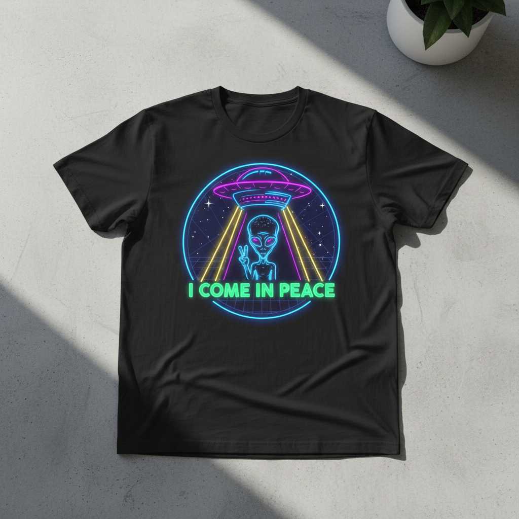 I Come In Peace Alien UFO Retro Graphic T-Shirt, Novelty Extraterrestrial Tee