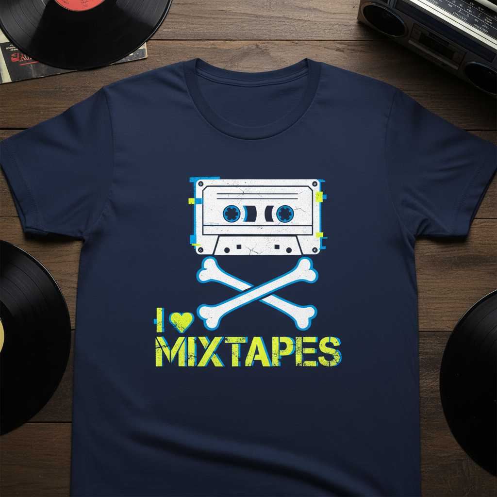 I Heart Mixtapes Vintage Cassette Pirate Jolly Roger T-Shirt, Funny Retro Tee