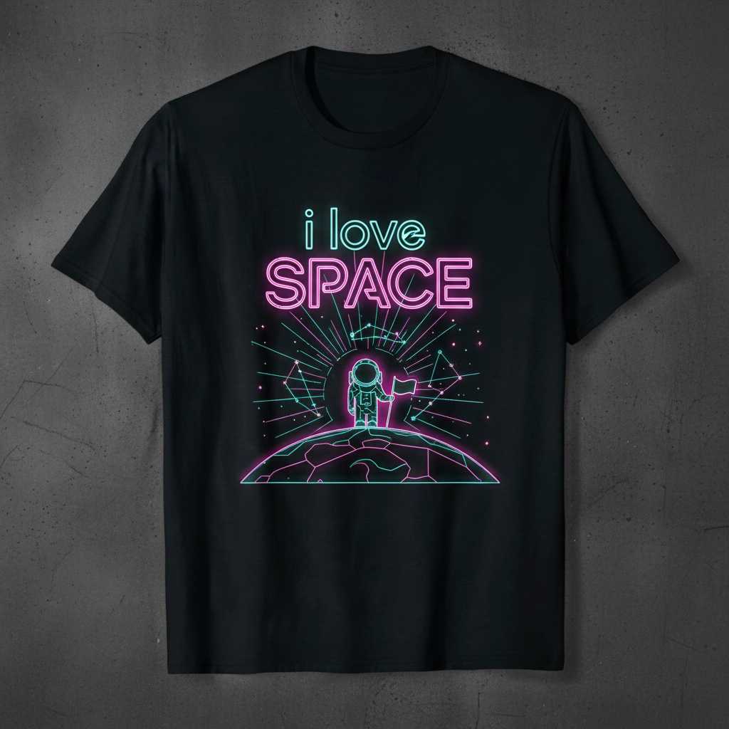 I Love Space Retro Neon Graphic T-Shirt, Cute Astronaut Novelty Tee Gift Idea