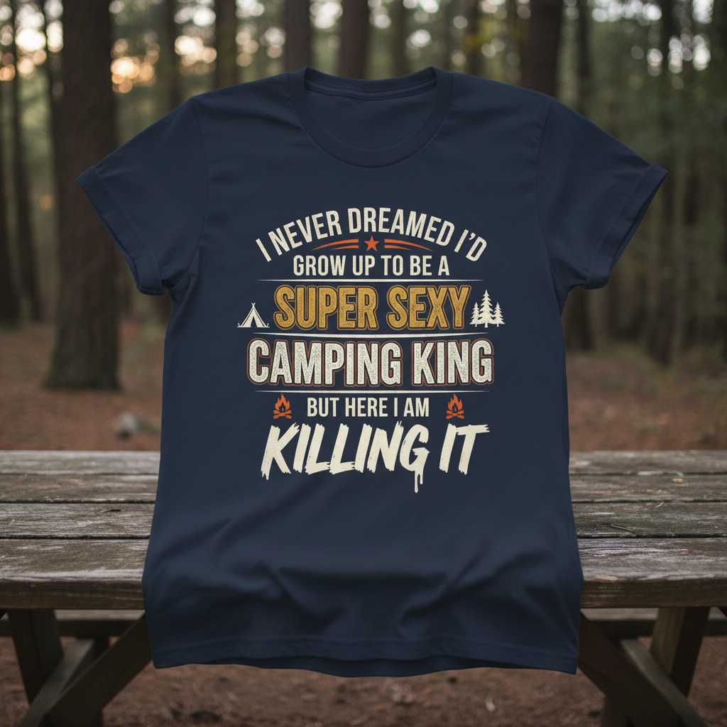 I Never Dreamed Id Grow Up To Be A Super Sexy Camping King But Here I Am Killing It Distressed T-Shirt Funny Tee Gear