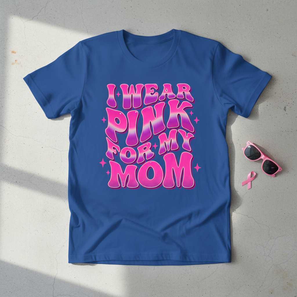 I Wear Pink For My Mom Retro Graphic T-Shirt Breast Cancer Awareness Tee Present